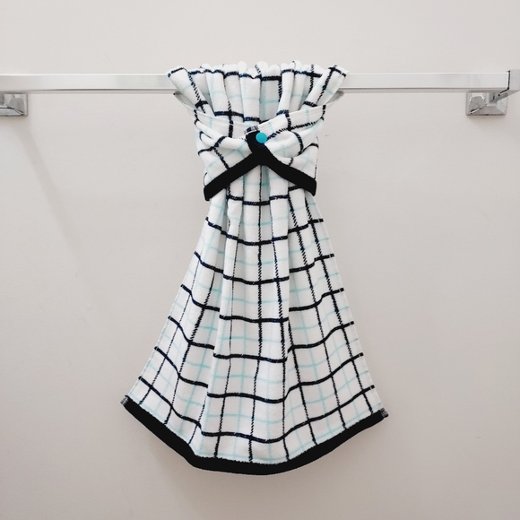 #9097-B ●✅️LAST 1✅️NEW! Black/White/Teal checked Hand Towel w/TEAL PLASTIC SNAP - Picture 9 of 9